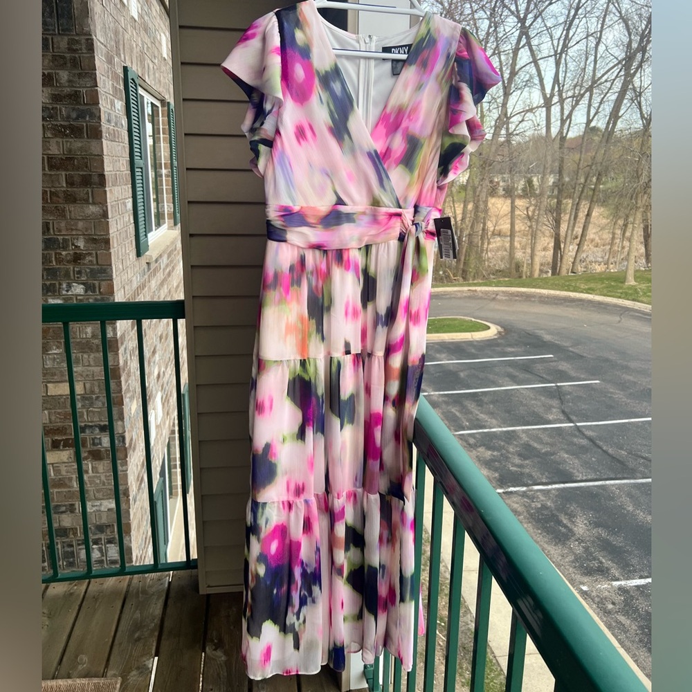 🆕🌸🪻🌿DKNY Watercolor Floral Light Casual Party Chic Summer Maxi Dress Size 8 - Picture 4 of 17